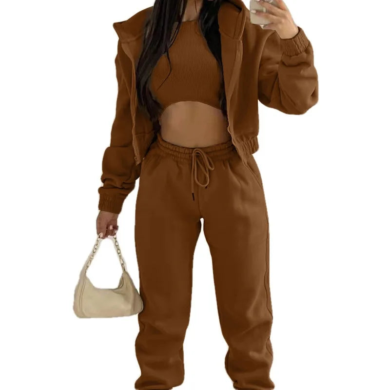 Women's Casual Three-Piece Set: Spring/Autumn European and American Style Fleece Hooded Sweatshirt and Sportswear