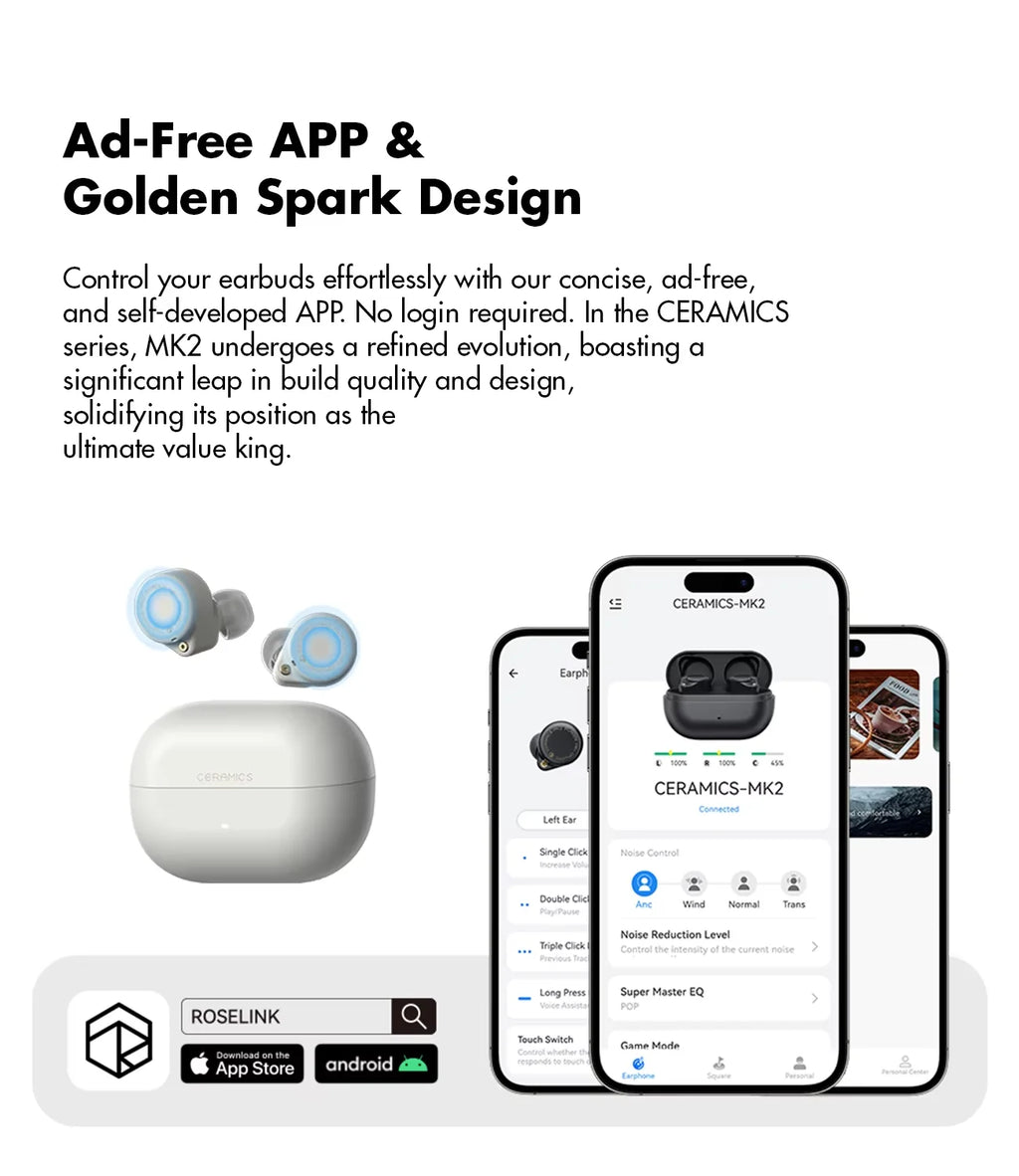 CERAMICS MK2 TWS Earbuds, 40dB ANC, Bluetooth 6.0, Hi-Res LDAC, IPX4 Sweatproof, 45H Playtime, HD Mics, Game Mode, Dual Connect