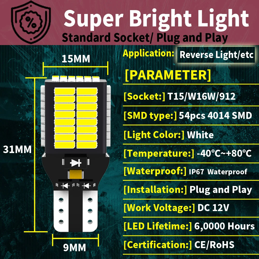 2pcs W16W T15 921 912 LED Canbus Reverse Light Bulbs On Cars White 6000k Back Up Lamp For Opel Astra J Corsa D Insignia A Mokka