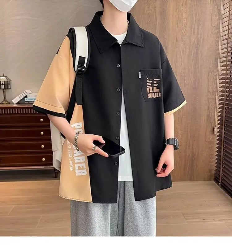 New Shirts for Men Patchwork Graphic T-shirts Men's Clothing Summer Casual Short Sleeved Daily Street Tops Loose Oversized Shirt