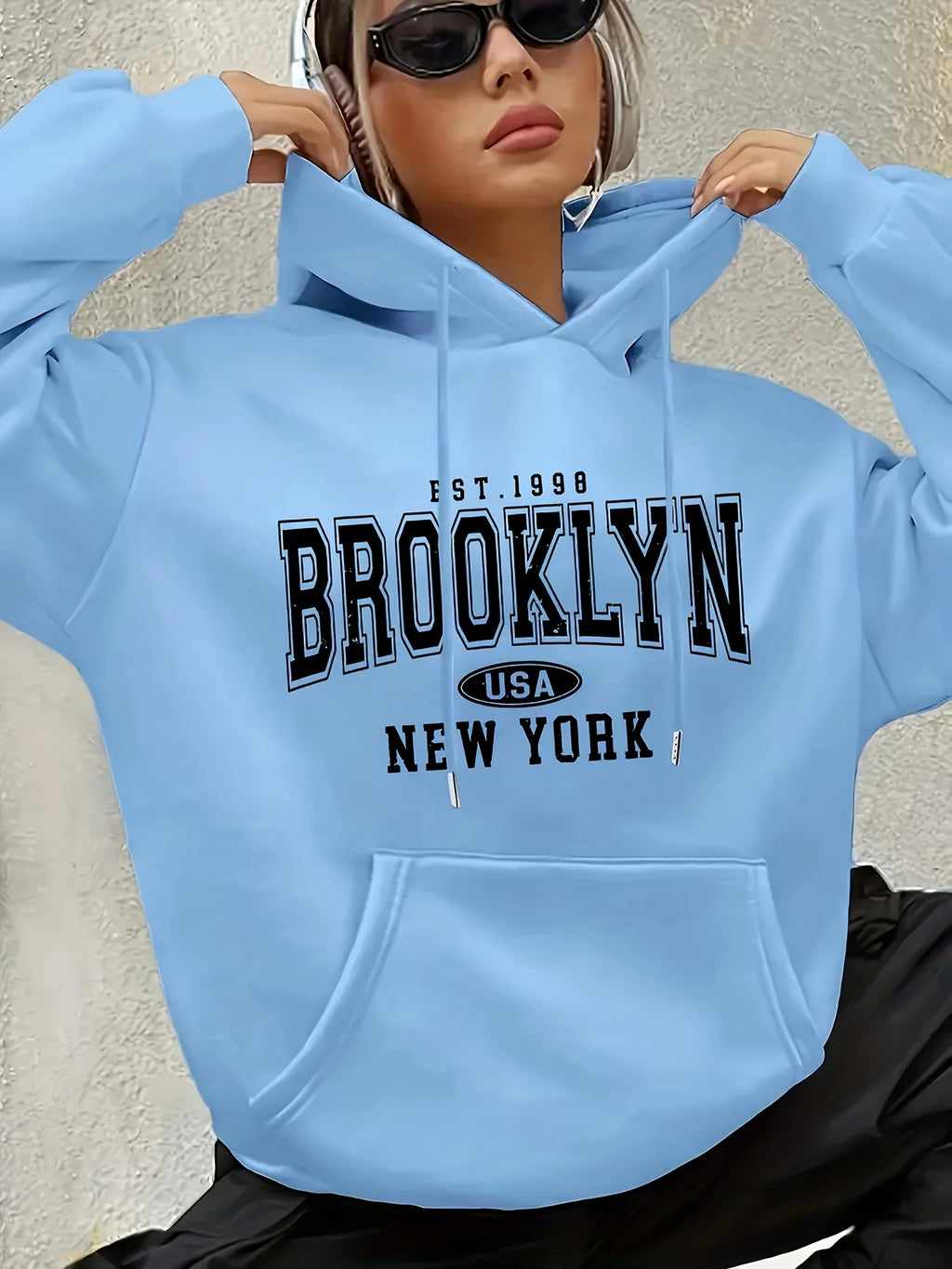 Lady's letter-printed drawstring hooded sweatshirt with long sleeves and pocket featuring geometric patterns regular fit clothes