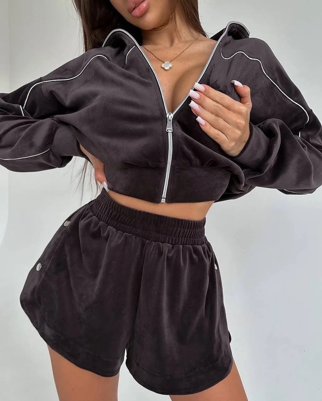 Summer Women Long Sleeved Zipper Two Piece Sets Top Elastic Shorts Outfits Fashion Striped Casual Suits Lapel Tracksuits 2026