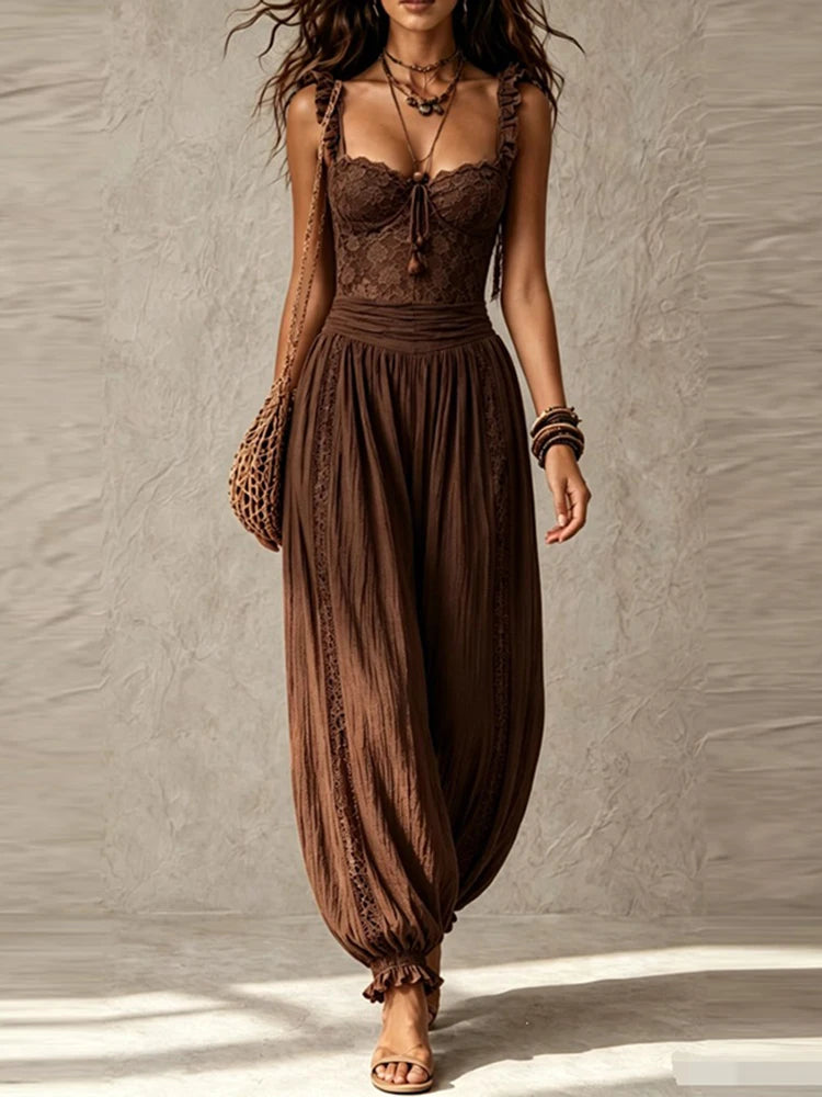 Sexy V-neck Lace Trim Spaghetti Strap Jumpsuits Women Elegant Ruffle Waist Solid Playsuit Overalls Casual Sleeveless Long Romper
