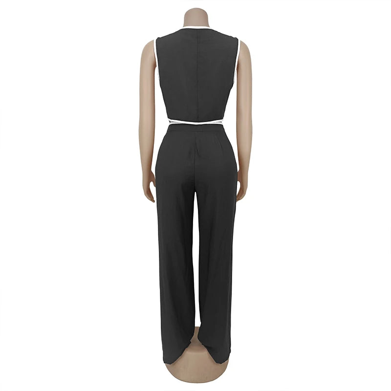 BKLD 2025 Women's Temperament Commuting Suit Contrasting Button Sleeveless Vest Tops+Zipper Pockets Pants Fashion Casual Outfits