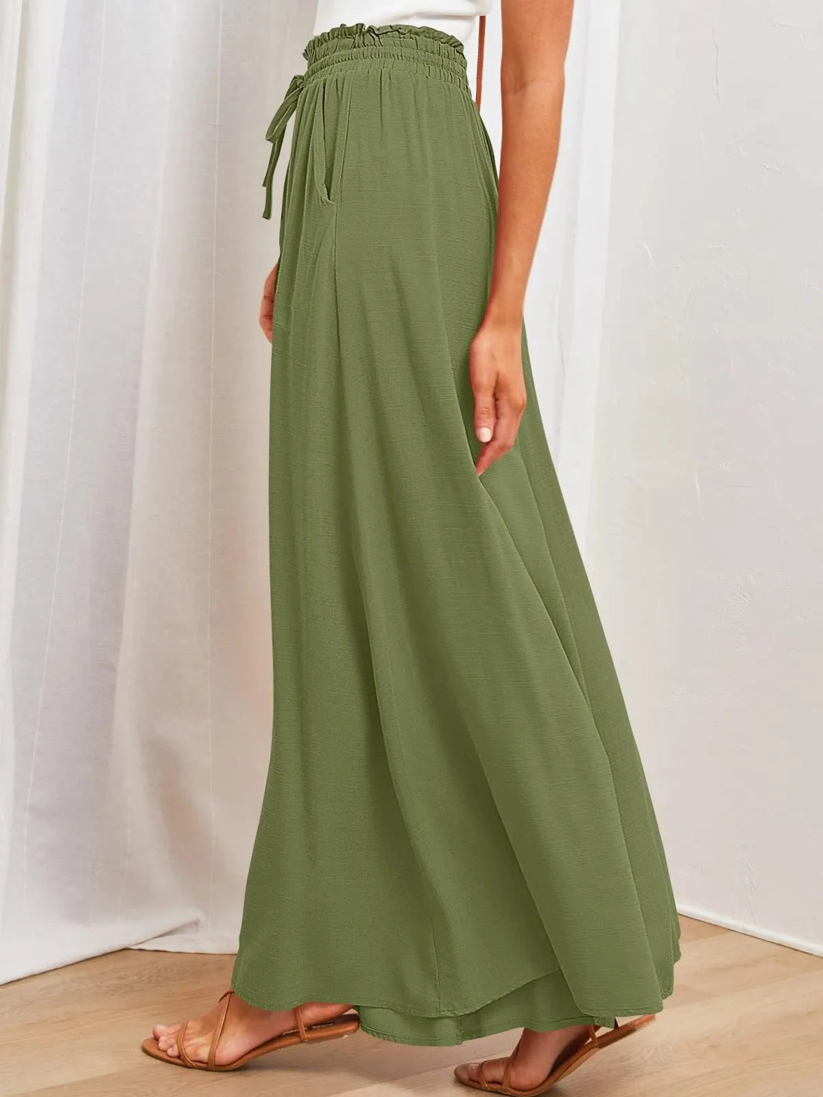 Women's Elastic Long Palazzo Pants Casual Urban Style Tie Detail Polyester Blend Woman Clothes Female Clothing Women's And