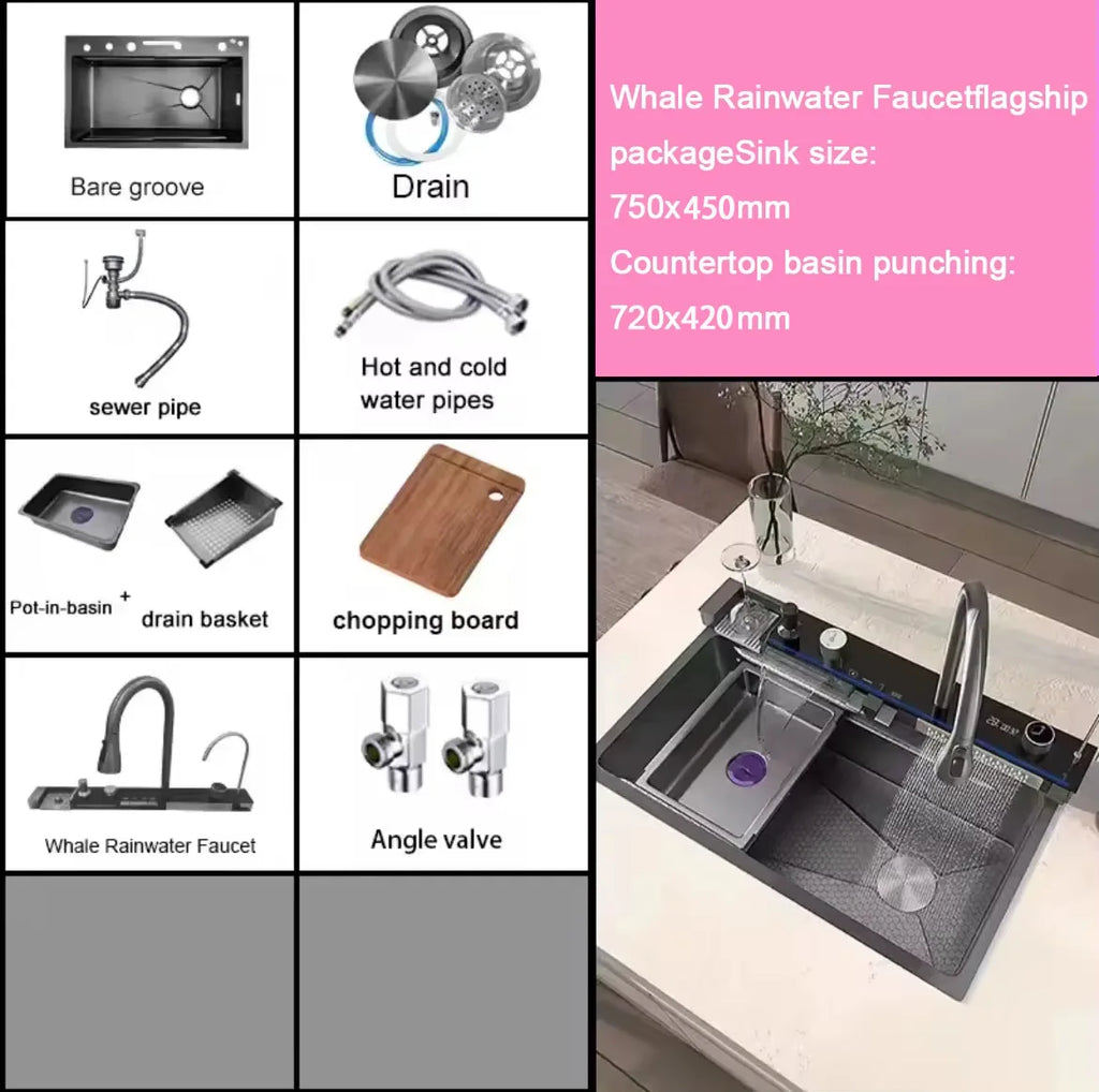 Stainless Steel Kitchen Sink with Faucet Digital Display Large Single Bowl Waterfall Rain 5 Functions System Dish Basin Sink