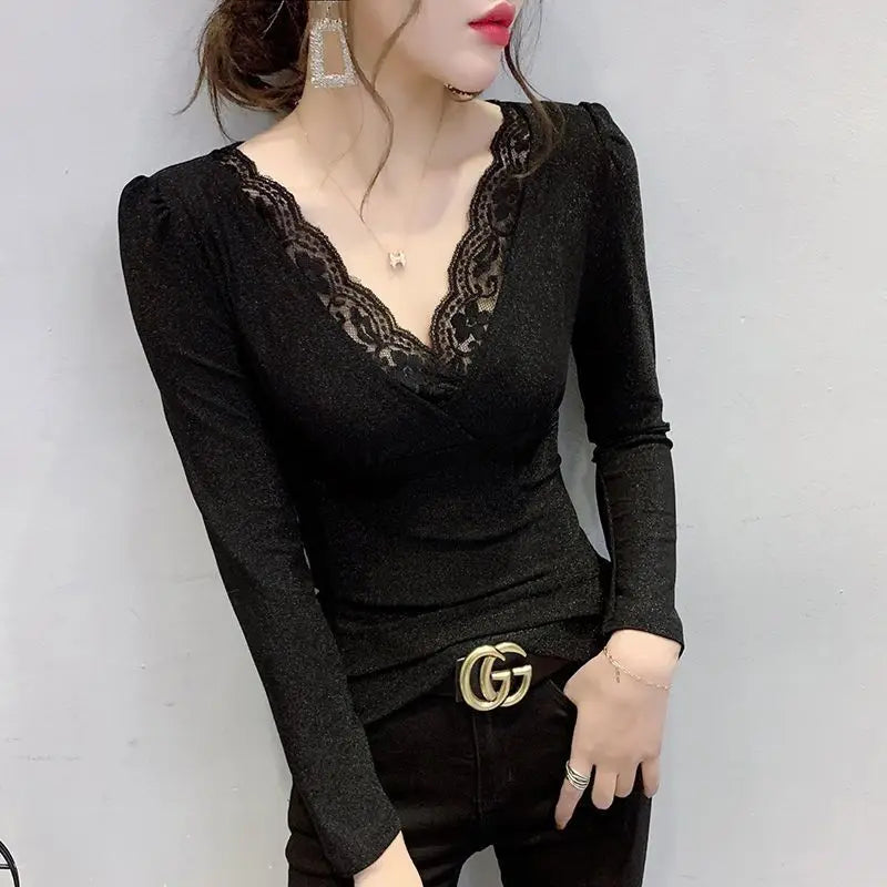 Slim Sexy Lace Spliced V-Neck Tops for Female Spring Autumn New Fashion Casual Long Sleeve Bright Silk T-shirt Women's Clothing