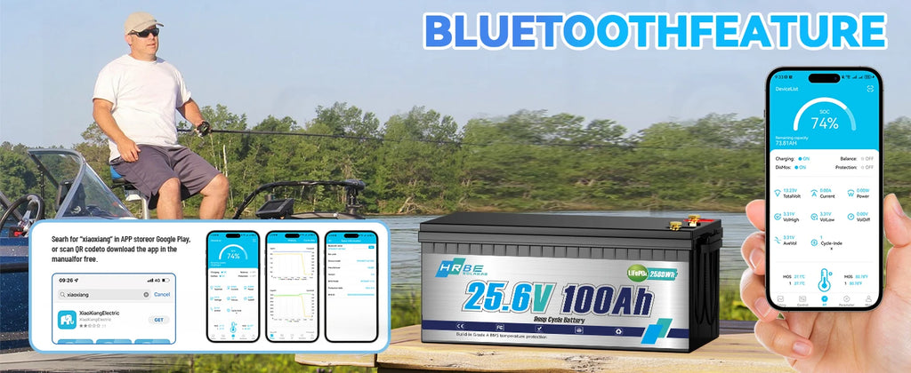 HRBE 24V 100Ah LiFePO4 Battery Bluetooth With BMS 8000+Deep Cycles For Camper RV Home Energy Solar Trolling Motor 24V Lithium Battery