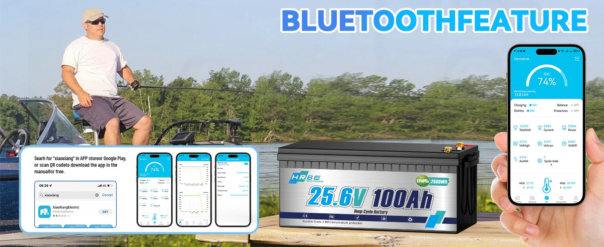 HRBE 24V 100Ah LiFePO4 Battery Bluetooth With BMS 8000+Deep Cycles For Camper RV Home Energy Solar Trolling Motor 24V Lithium Battery