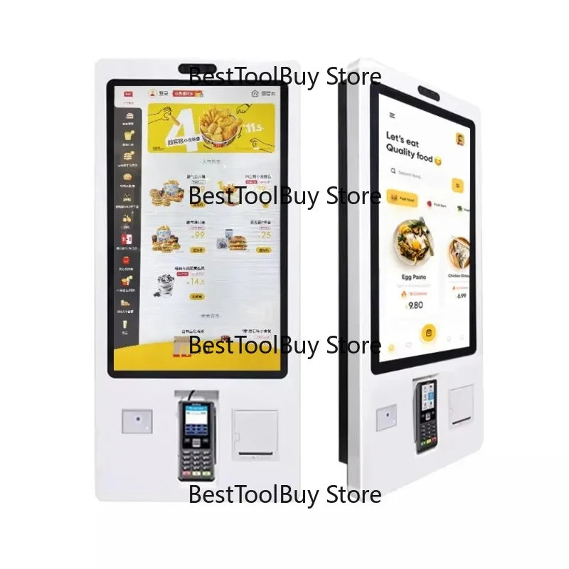 32-Inch interactive digital signage kiosk for self-service ordering and payment systems in restaurants and cafeterias