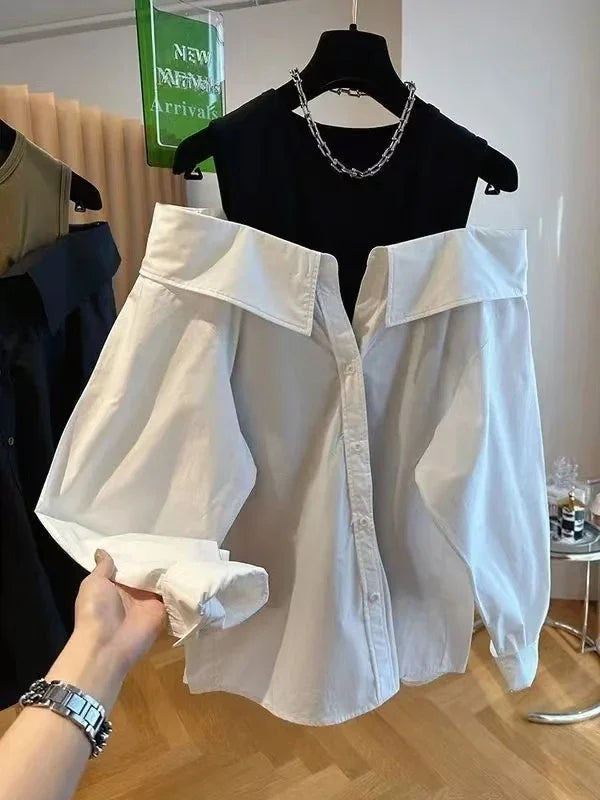 False Two Piece Polo Collar Blouse Women Shirt Loose Tank Patchwork Long Sleeve Shirts Off The Shoulder Spring Pullovers Top New