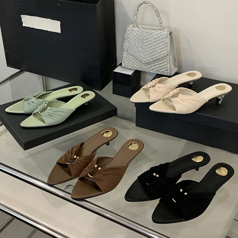 Eilyken New Design Pleated Hollow Out Thin Low Heels Women Slippers Fashion Pointed Toe Party Dress Female Summer Shoes