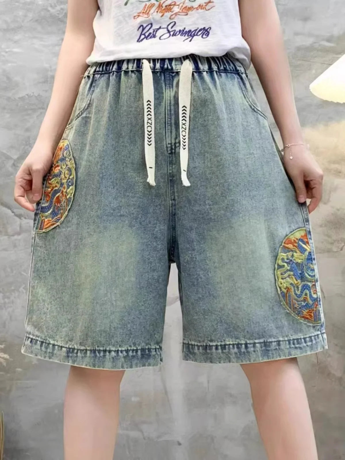 Retro Distressed Embroidered Denim Shorts Women's Loose Wide Leg Pants High Waist Blue Thin Summer New Style Fashionable