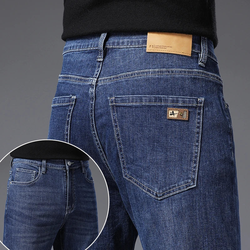 Korean Fashion Men's Soft Stretch Slim Fit Jeans Business Casual Straight Denim Pants Classic Brand Washed Blue Gray Trousers