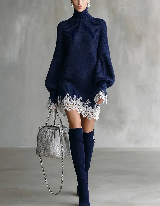 Wome Knitting Dress 2026 New Ladies Loose Fit Turtleneck Knitted Dress Autumn Lace Spliced Long Sleeve Sweater Midi Warm Dress