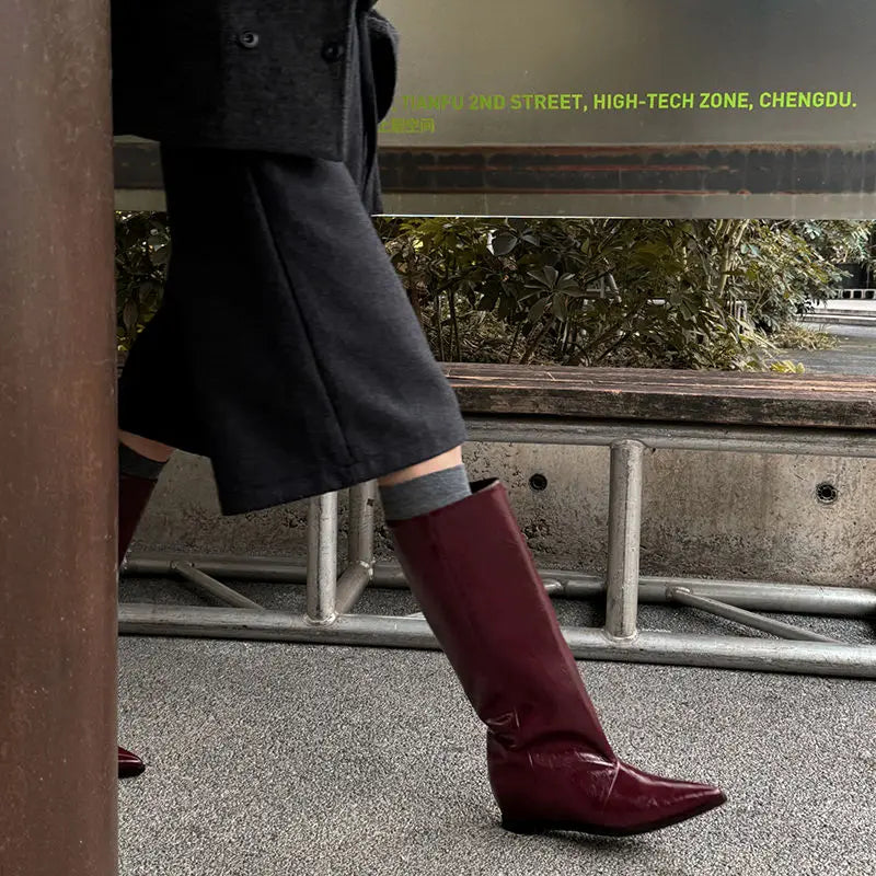 QUTAA 2025 News Women Knee High Boots Leather Wedge Heels Autumn Shoes Pointed Toe Woman Winter Party Lady Long Boots Size 34-40