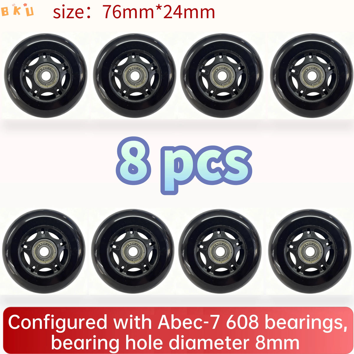8-Piece PU Replacement Wheels 76mm(3") with ABEC-7 Bearings, PP+PU Material Fit Inline Skates/Kids Scooters/Strollers/Luggage