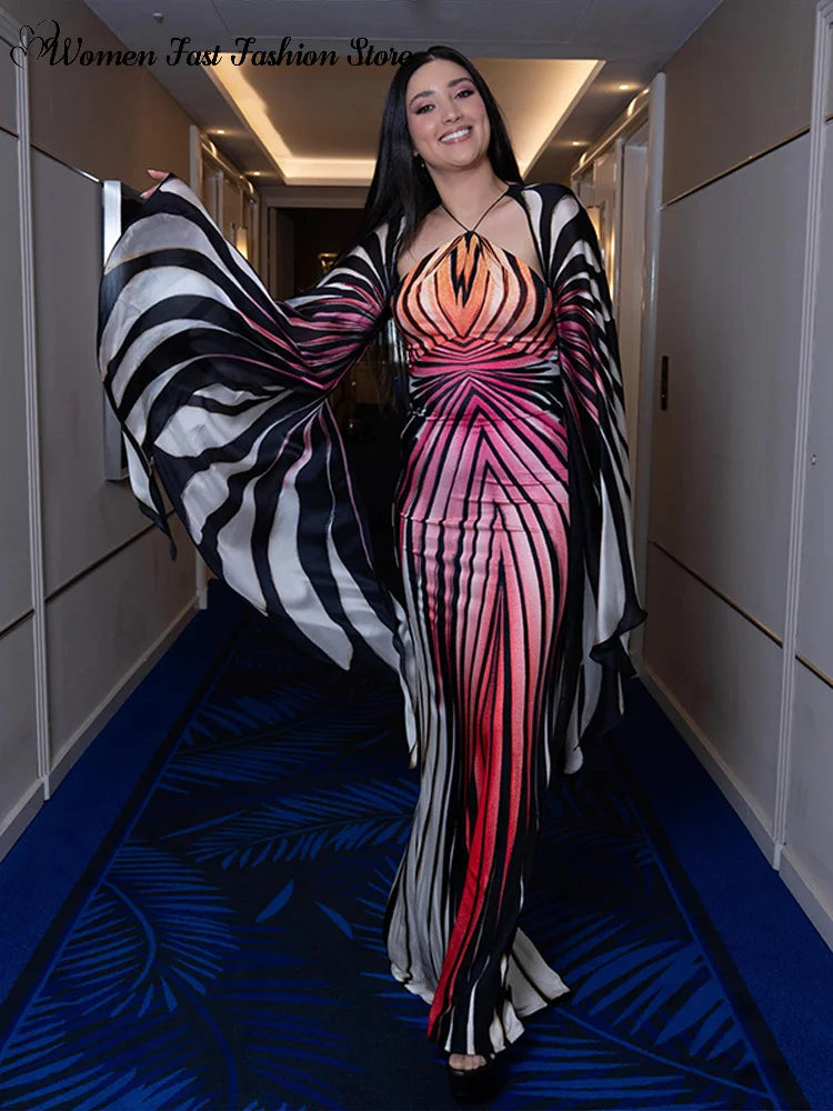 Printed Batwing Sleeve Halter Party Dress Women's Sexy Backless Full Sleeved Maxi Dresses 2026 Autumn Lady Evening Gown