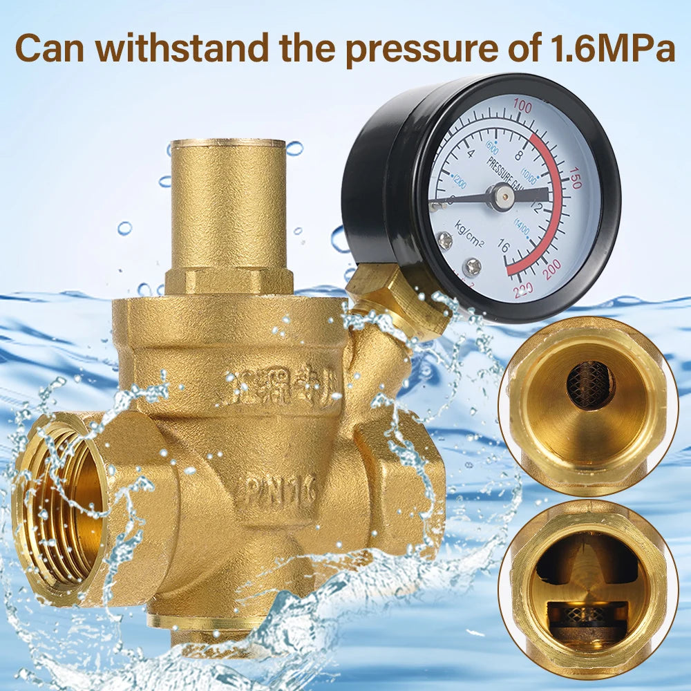 Water Pressure Regulator Brass Pressure Regulator DN20/15 Brass Adjustable Water Pressure Regulator Reducer with Gauge Meter