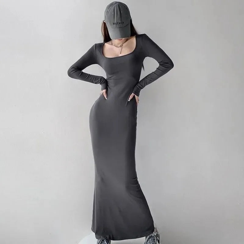 Women's Spring and Autumn Long Sleeve, Low Neck, Waist Bag, Hip Tail Long Dress, Solid Color, Slimming Dress