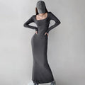 Women's Spring and Autumn Long Sleeve, Low Neck, Waist Bag, Hip Tail Long Dress, Solid Color, Slimming Dress