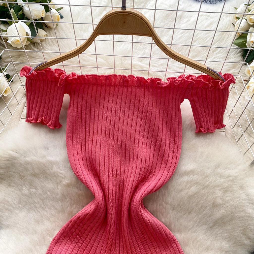 2025 New Pink Solid Button Front Spaghetti Dress Sexy Knit Slash Neck Mini Dress Bodycon Women's Clothing Outfits Ruffles
