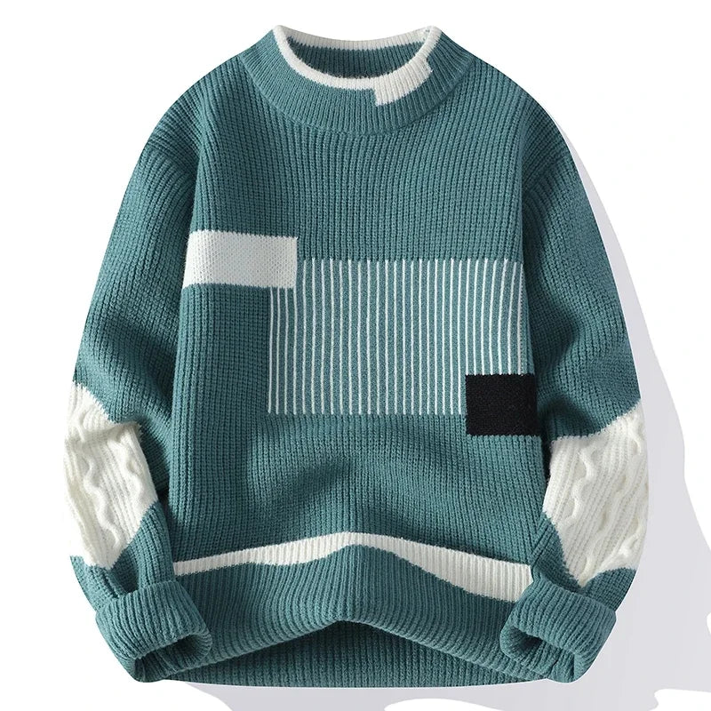 Mock Neck Knitted Sweater Men Women Autumn Winter Daily Casual Warm Knitting Pullovers Men's Fashion Patchwork Pullover Sweaters