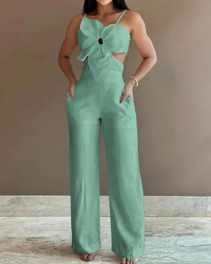 2026 Summer Spaghetti Strap Fashion Jumpsuit Women's Floral Pattern Hollow Casual Asymmetrical Collar Backless Jumpsuit Trousers