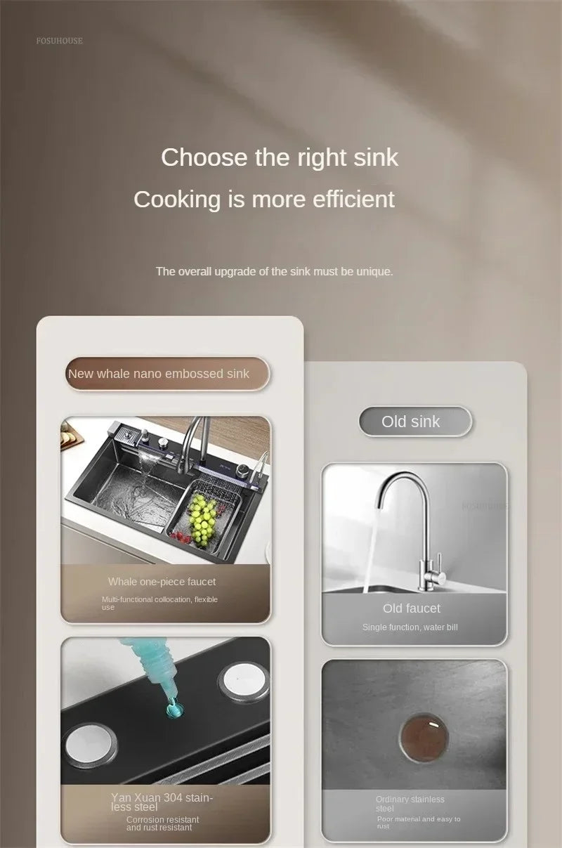 304 Stainless Steel Kitchen Sinks Large Single Bowl Nano Embossed Wash Basin Digital Display Modern Home Station