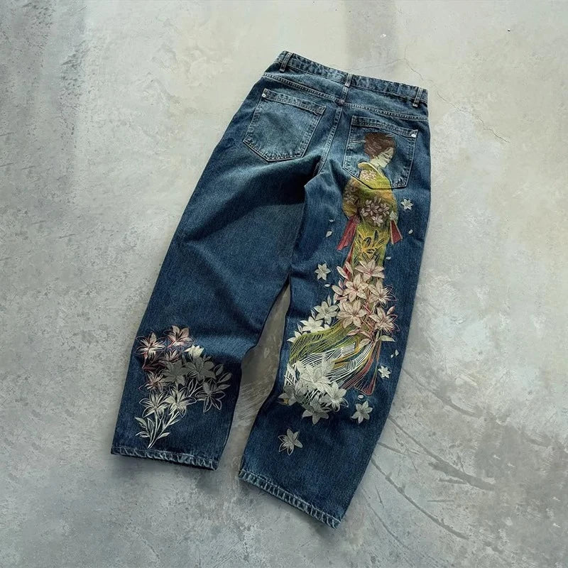 Y2k American Retro Star Ripped Jeans Women Two Hollow Out Denim Pants Casual Goth Streetwear Wide Leg High Waisted Baggy Jeans