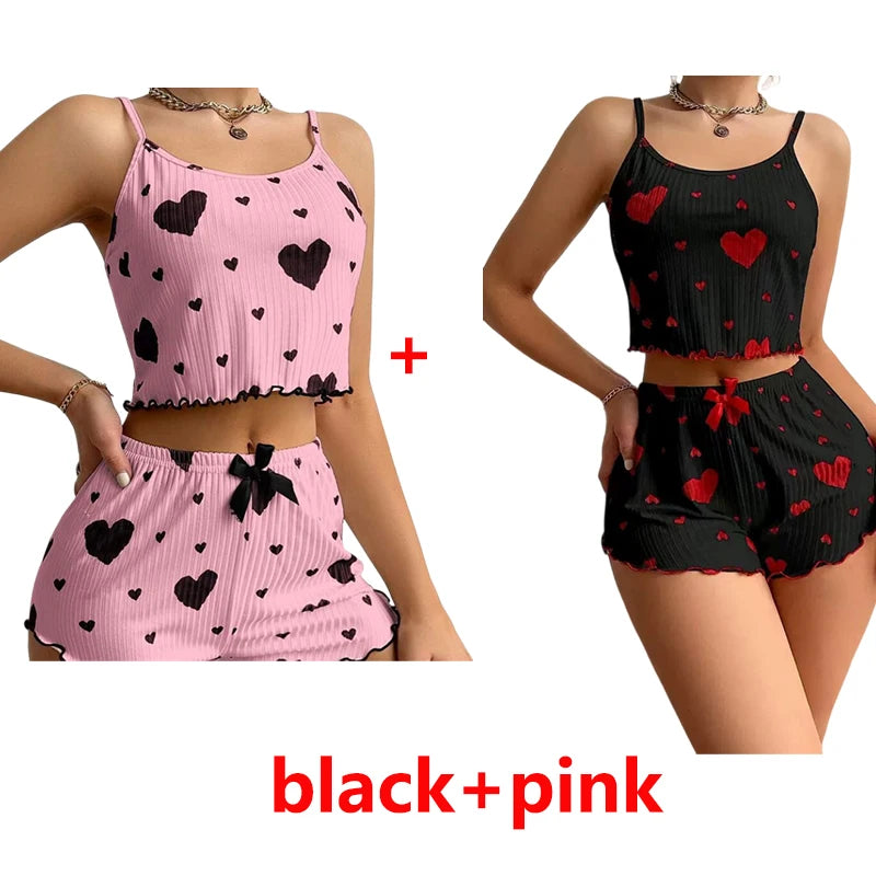 2 Pieces Set Women'S Pajama Shorts Suit Homewear Print Underwear Sexy Lingerie Camisoles Tanks Nighty Ladies Sleepwear Summer Pa