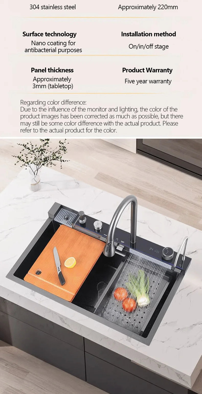 304 Sink Key Digital Display Waterfall Rain Sink Stainless Steel Large Single Trough Hand Basin Washing Dishes Under The Basin