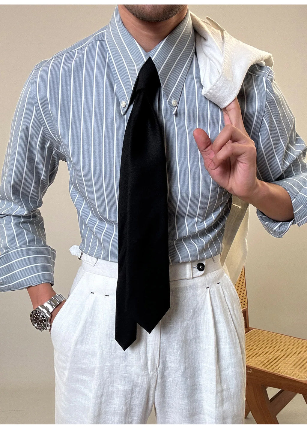 Anti-wrinkle Tianshan Cotton Italian Long Point Collar White Striped Shirt Men's Long Sleeve Casual Business Shirt