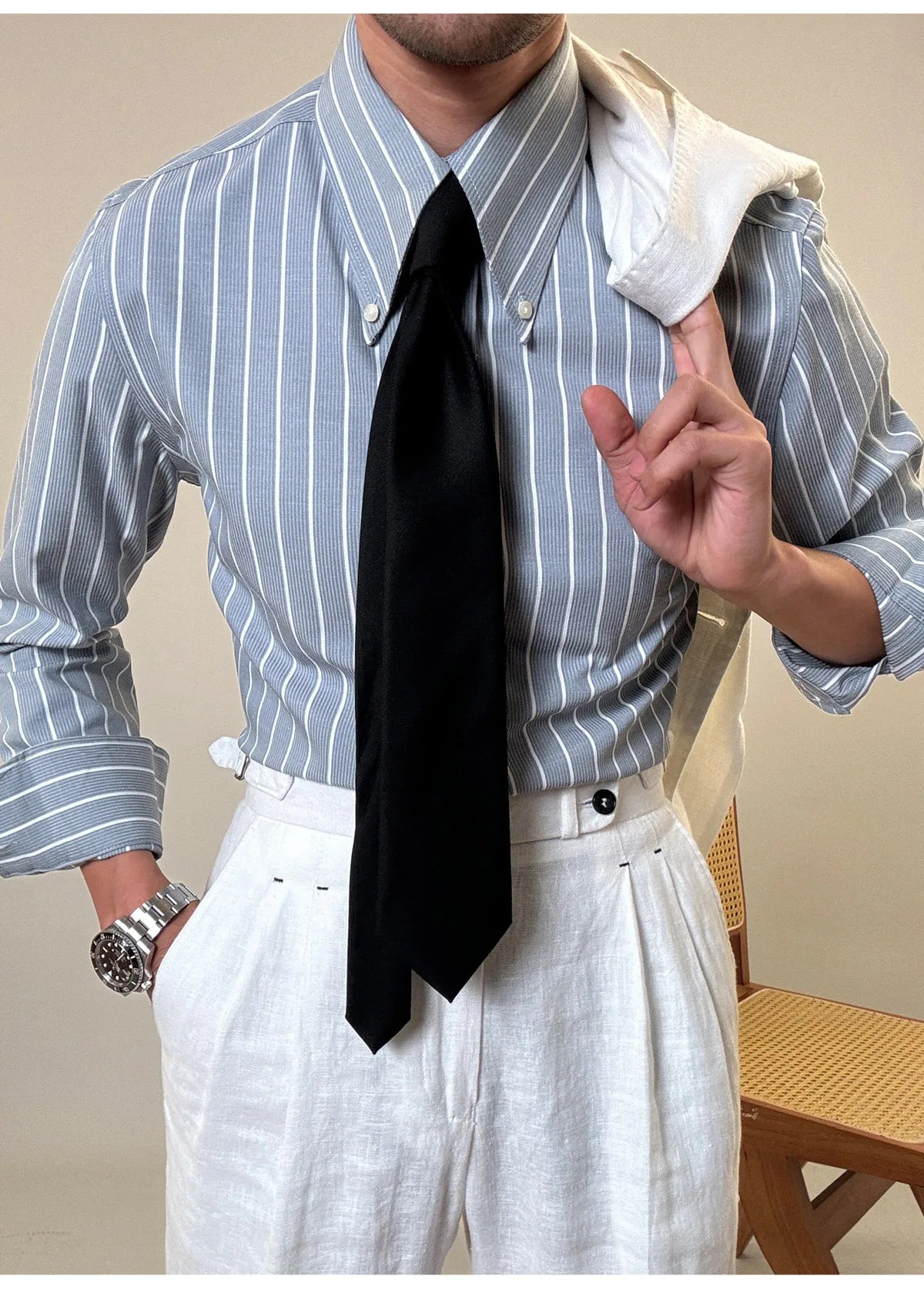 Anti-wrinkle Tianshan Cotton Italian Long Point Collar White Striped Shirt Men's Long Sleeve Casual Business Shirt