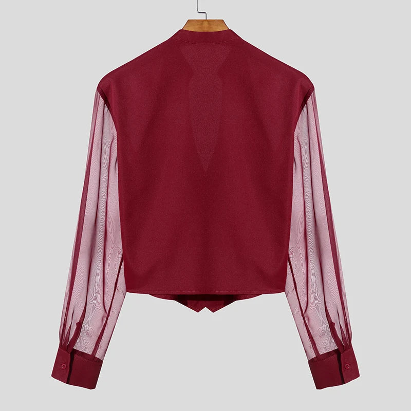 Men Shirt Mesh Patchwork V Neck Long Sleeve Casual Male Shirts Streetwear Transparent Sexy Fashion Party Camisas 2025 INCERUN