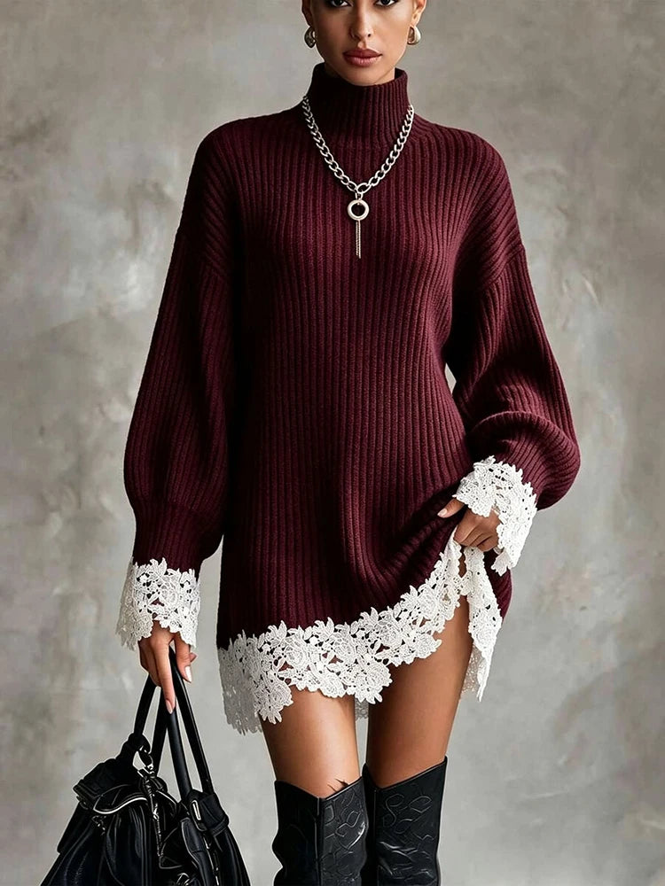 Women Turtleneck Ribbed Knitted Mini Dress Elegant Lace Hem Patchwork Party Dress Casual Long Lantern Sleeve Loose Sweater Dress