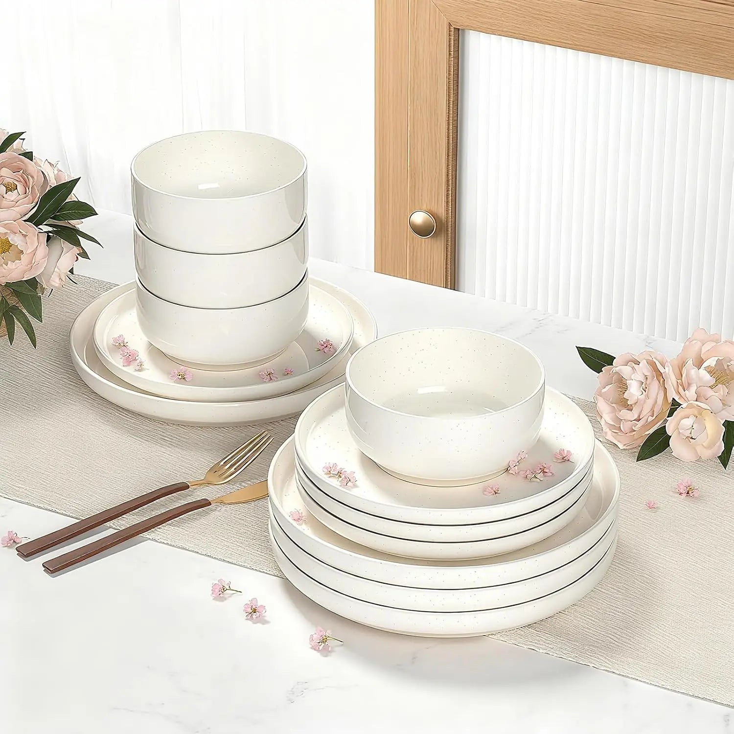 12-Piece Cream White Dinnerware Set for 4, Ceramic Plates & Bowls, Microwave & Dishwasher Safe
