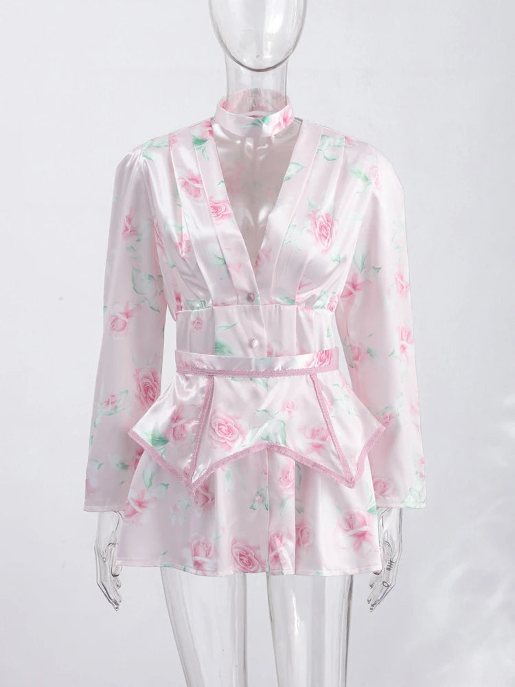 Women Rose Print Dress Puff Long Sleeve Mini Dress Sheer Mesh Ruffle Hem Button Front Fairy Party Short Dresses Summer Wear