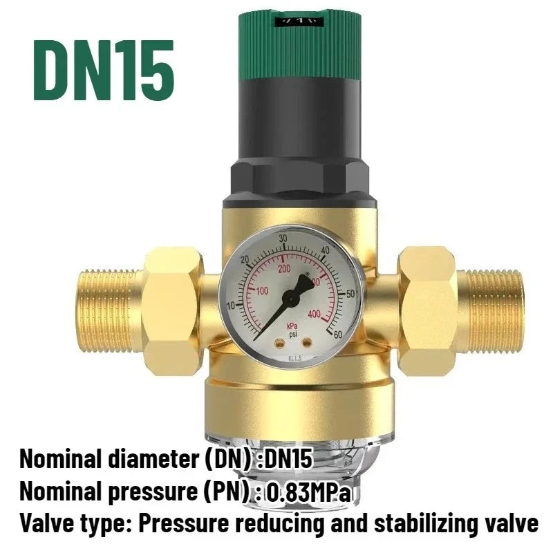 Tap Water Pressure Reducing Valve Adjustable Brass Double Union Pipe Water Purification with Gauge Filter Valve DN15/20/25/32
