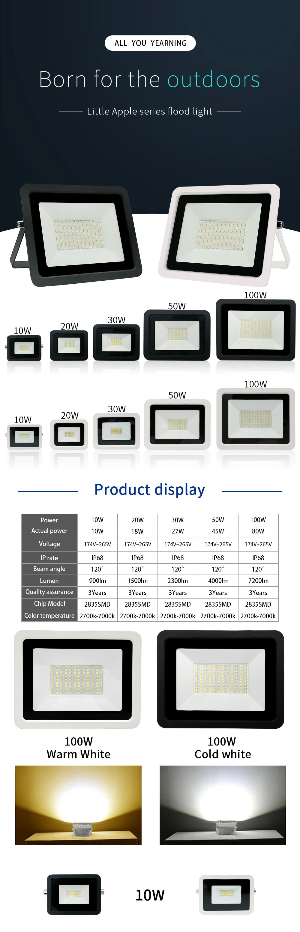 LED Flood Light 10W 20W 30W 50W 100W AC 220V Reflector Spotlight Street Light Wall Lamp IP68 Waterproof Outdoor Garden Lighting