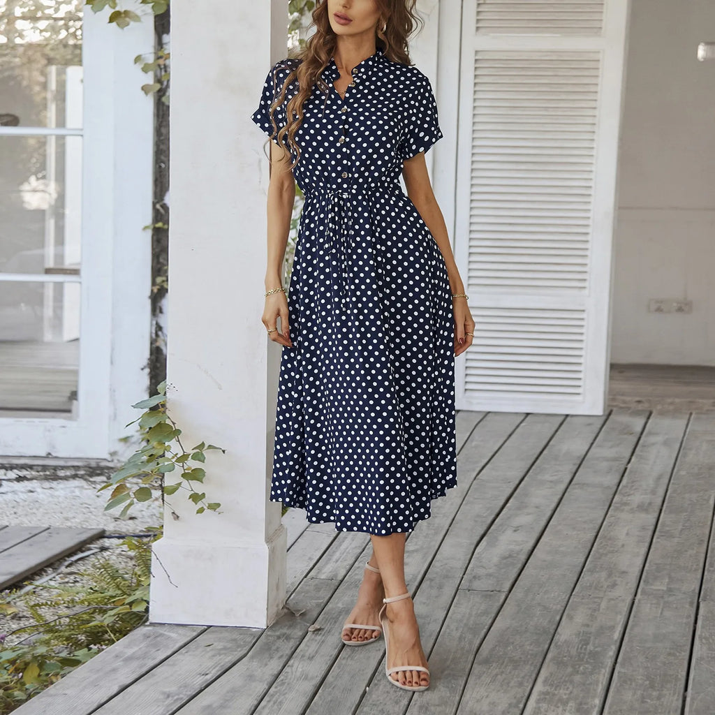 Elegant retro polka dot dress Women's Summer Midi Dress V Neck Single Breasted Short Sleeve Dresses Fashion Print Dress