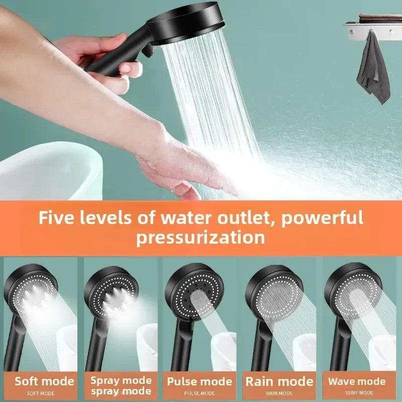 High-Pressure Handheld Shower Head with Stand and Hose - 5 Adjustable Water Flow Modes, Round Plastic Bathroom Accessory
