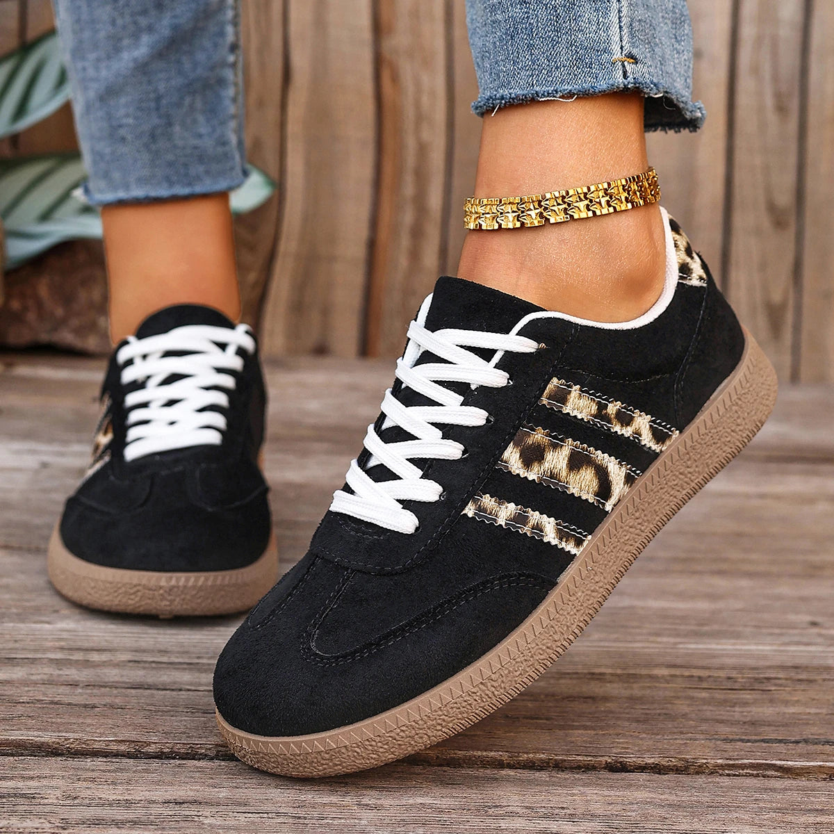 New Leopard Print Casual Sports Shoes for Autumn Winter, Large-sized Lace-up Anti-slip Round-toe Lace-up Women's Single Shoes 74