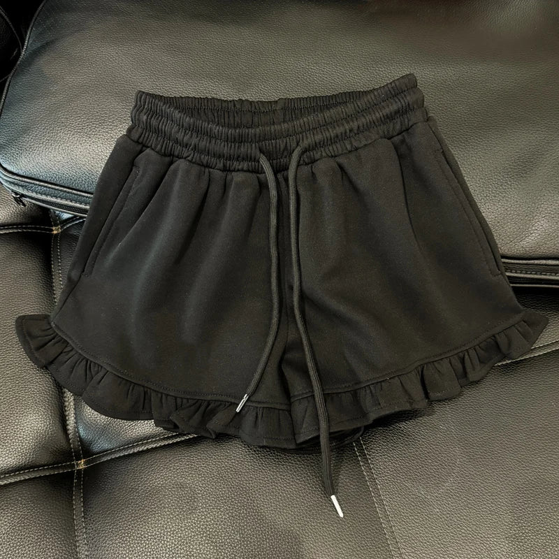 High Waist Wide Leg Casual Shorts Women Summer Korean Loose Versatile Wood Grain  Sports Beach Hot Pants Asymmetric Strai...