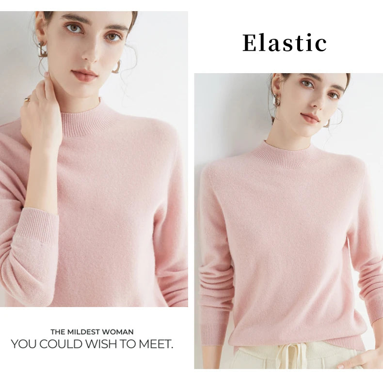 First-Line Seamless Women's Half-Turtleneck 100% Pure Wool Sweater Solid Color Long Sleeve Pullover Knitted Bottoming Sweater