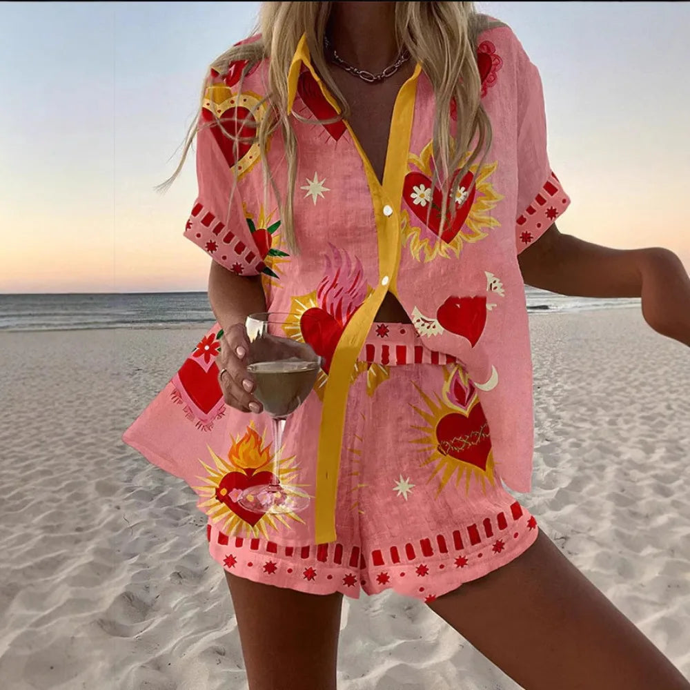Personalized and Vibrant Beach Style 3D Digital Printed Loose Thin Shirt Casual Summer Women's Top Shorts Two-piece Set
