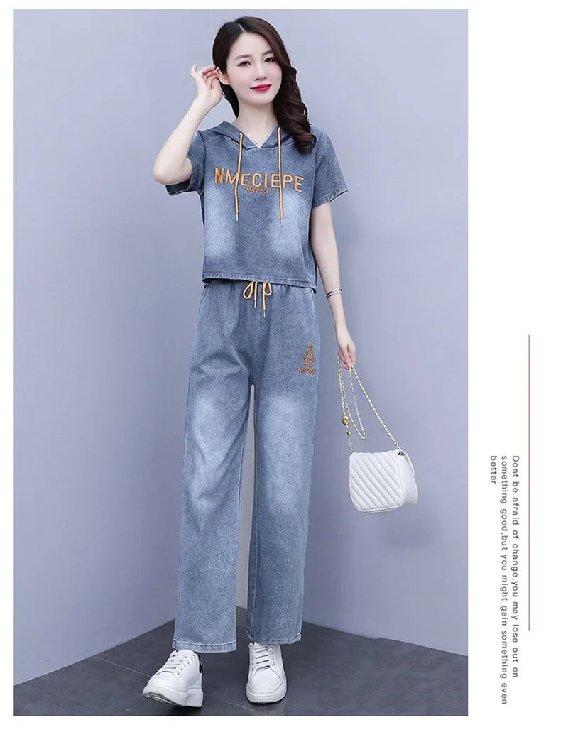 Summer Thin Jeans Set Women Fashion Short Sleeve Hooded Pullover Tops + Elastic Waist Wide Leg Pants 2PCS Female Denim Outfit