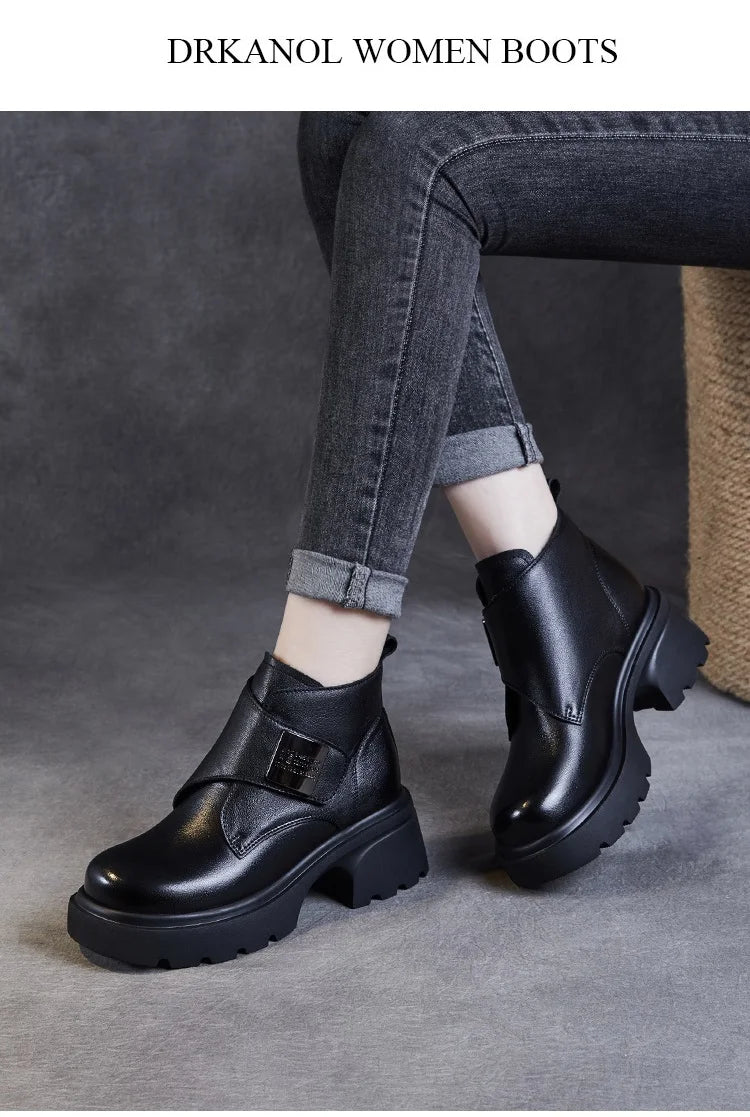 DRKANOL Wide Head Design Women Platform Boots Autumn Winter Warm Thick High Heel Hool And Loop Metal Genuine Leather Ankle Boots