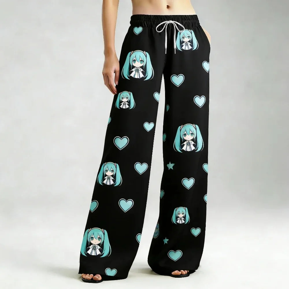 2026 Summer Miku Cartoon  Full Over Print Adult Kids Pajama Pants Flannel Quick-dry Comfy Lightweight Casual Pants Kawaii Pants