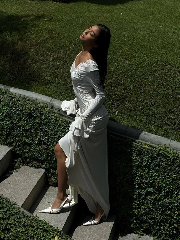 Women Elegant Long Sleeve Deep V-Neck Maxi Dress White Slim Fit Ruched Lace Patchwork High Waist Party Wedding Sexy Evening Gown